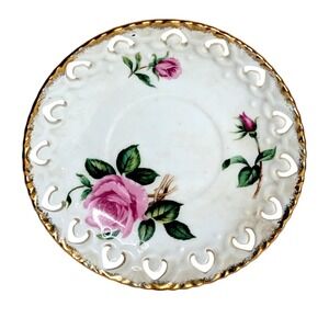 Cherry China Reticulated Heart Saucer Pink Rose Gold Trim Made in Japan Vtg